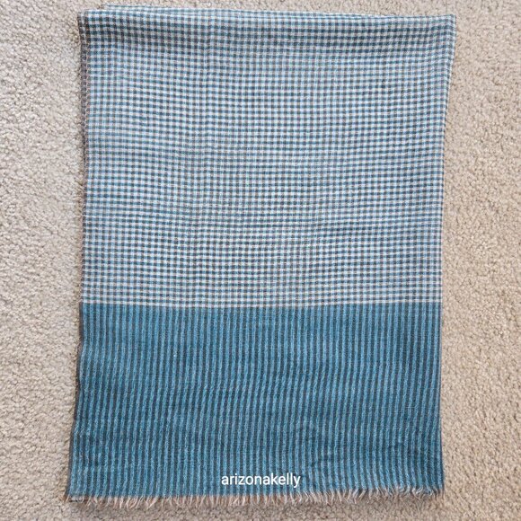 Wool Scarf Lightweight Checks Stripes Green Tan White - Picture 14 of 14